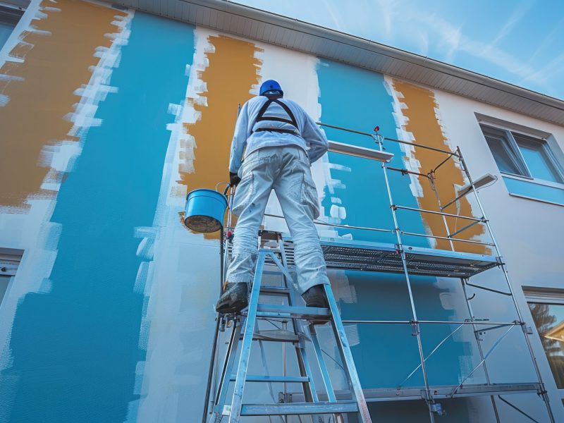 House Painting (Wide Shot): A painter applying a fresh coat of paint to the exterior of a house, with ladders, paint buckets, and drop cloths --chaos 10 --ar 16:9 --stylize 500 --v 6 Job ID: ed779042-b7a6-4c3d-8e08-831f66f98cc1